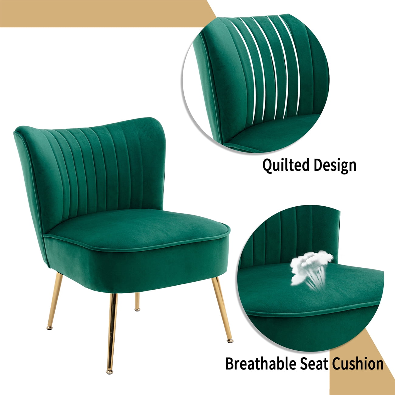 Guyou Modern Accent Chair Set of 2, Armless Slipper Chair Velvet Upholstered Lounge Chair, Wingback Large Single Sofa Side Chair with Gold Legs for Living Room Bedroom, Green