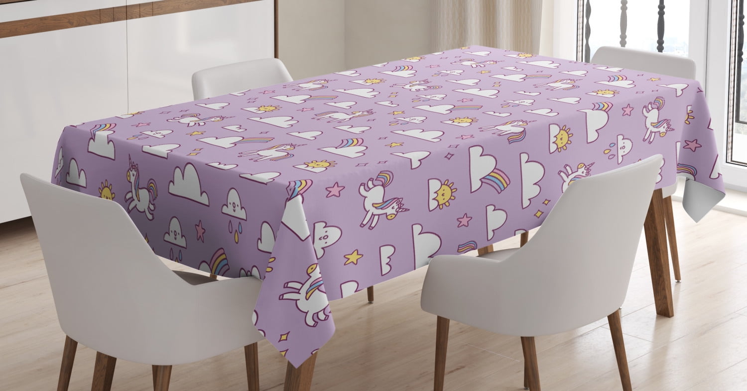Unicorn Party Tablecloth, Rainbow with Mythical Animals and Stars on