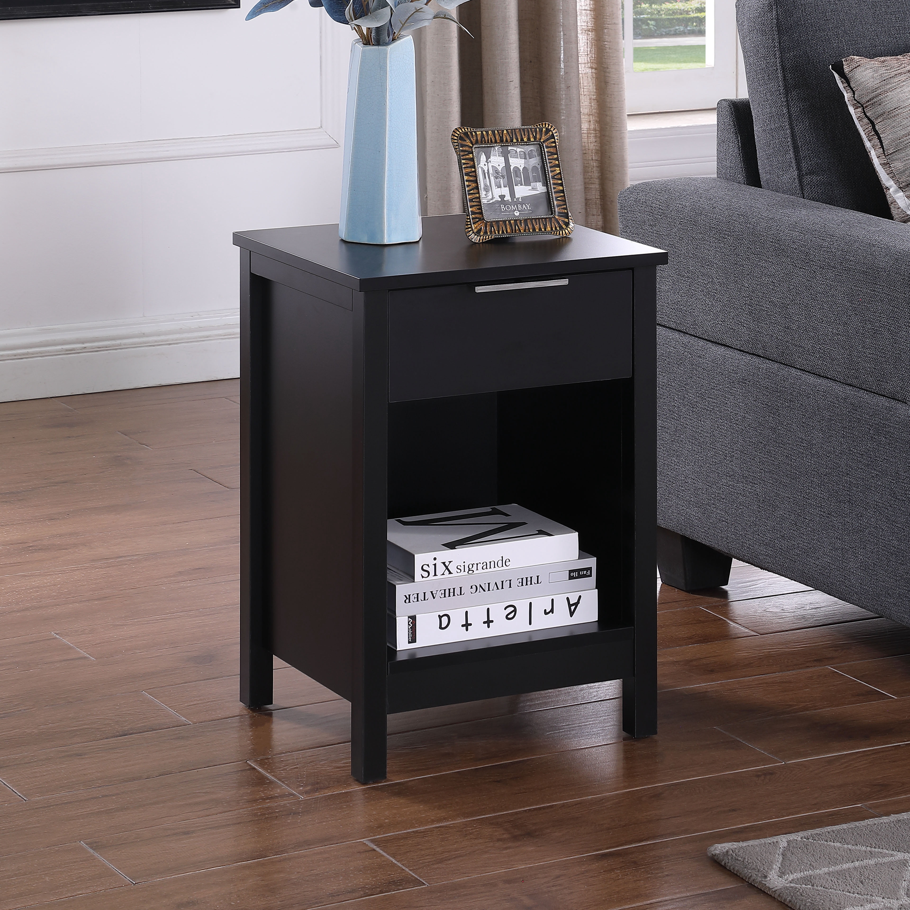 Nightstand with Drawer,3-Tier End Side Table with Storage Drawer and Shelf,Modern Bedside Night Stand for Bedroom, Living Room-Retro Black