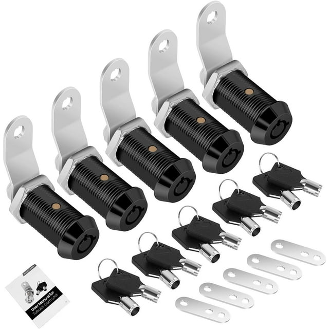 REJODA-5 Pack Cabinet Lock with Keys, 1-1/8\u201d RV Storage Lock Keyed Alike, RV Locks for Storage Door, Camper Cabinet Door Toolbox Lock Mailbox RV Cam Locks with Manual (Black -5 Pack, 1-1/8 Inch)