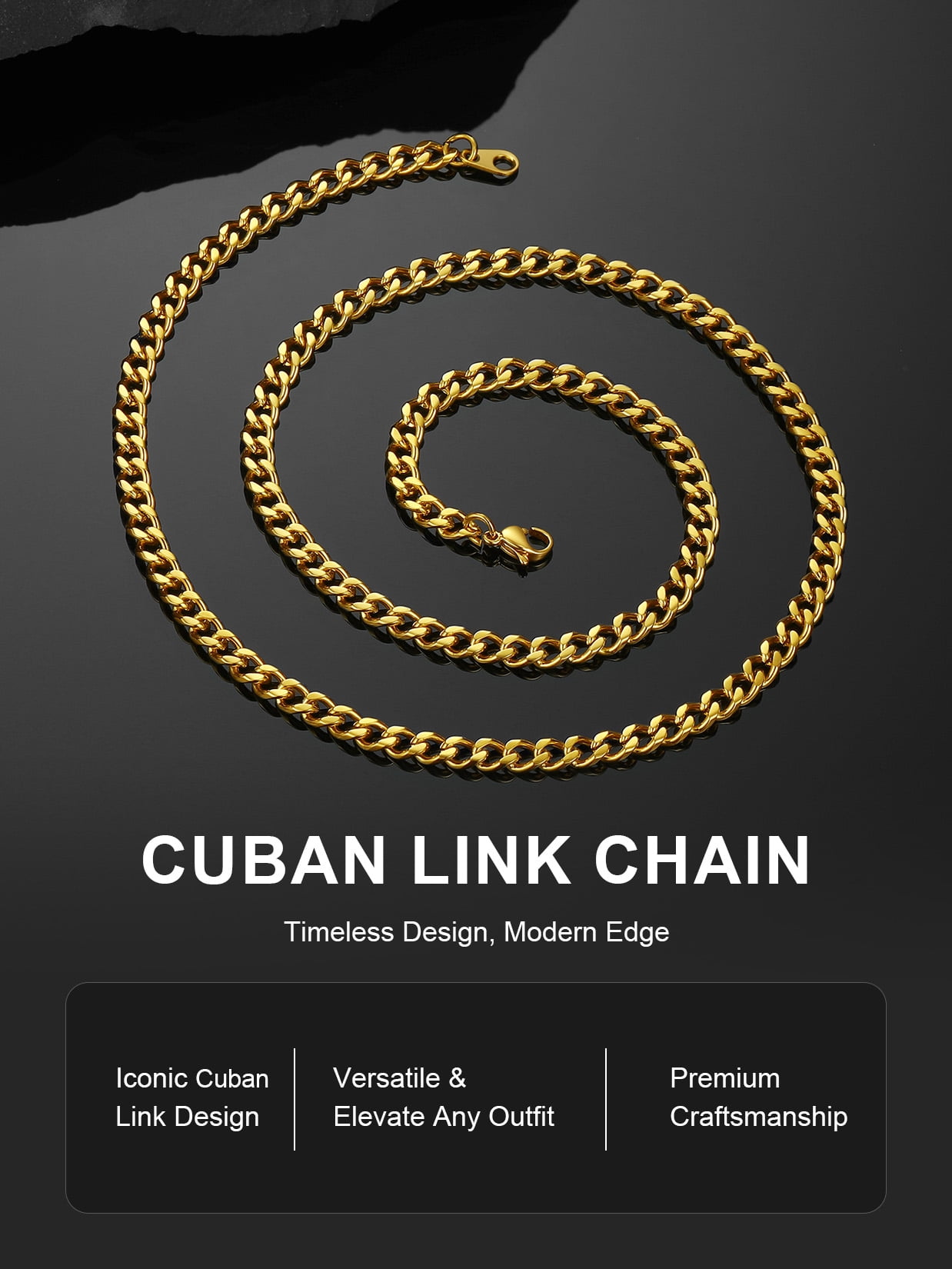 ChainsProMax Men Cuban Chain Thin 18K Gold Plated Chain Stainless Steel Necklace for Men 24 inch