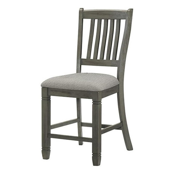 26 Inch Counter Height Chair Set of 2- Slat Back- Gray Wood- Fabric Seat