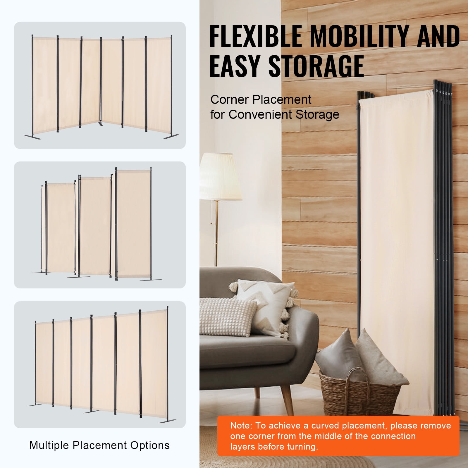 VEVOR Room Divider, 6 Panel Room Divider, Folding Privacy Screen and Portable Partition Divider for Room Separation, Freestanding Room Partitions for Office, Bedroom, Study, Beige