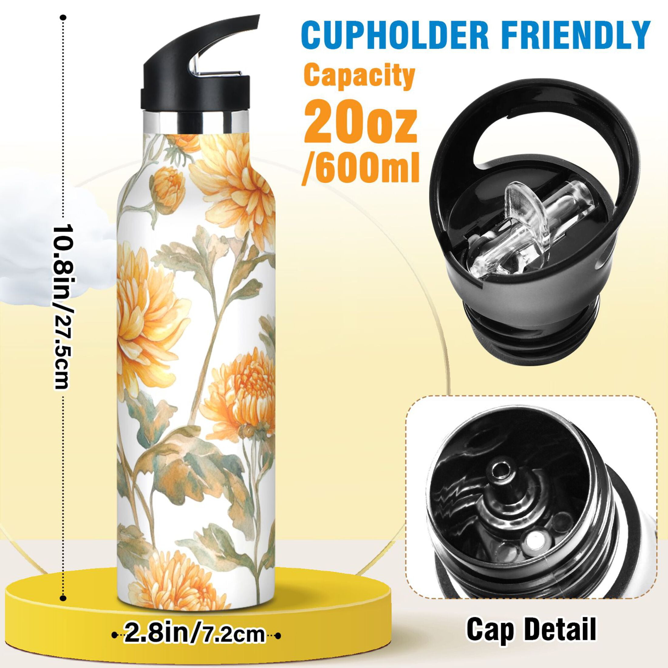 600ML Stainless Steel Insulated Cup Sports Water Bottle Portable Thermos Cup Water Glasses Insulated Tumblers Convenient and Durable Chrysanthemums Yellow