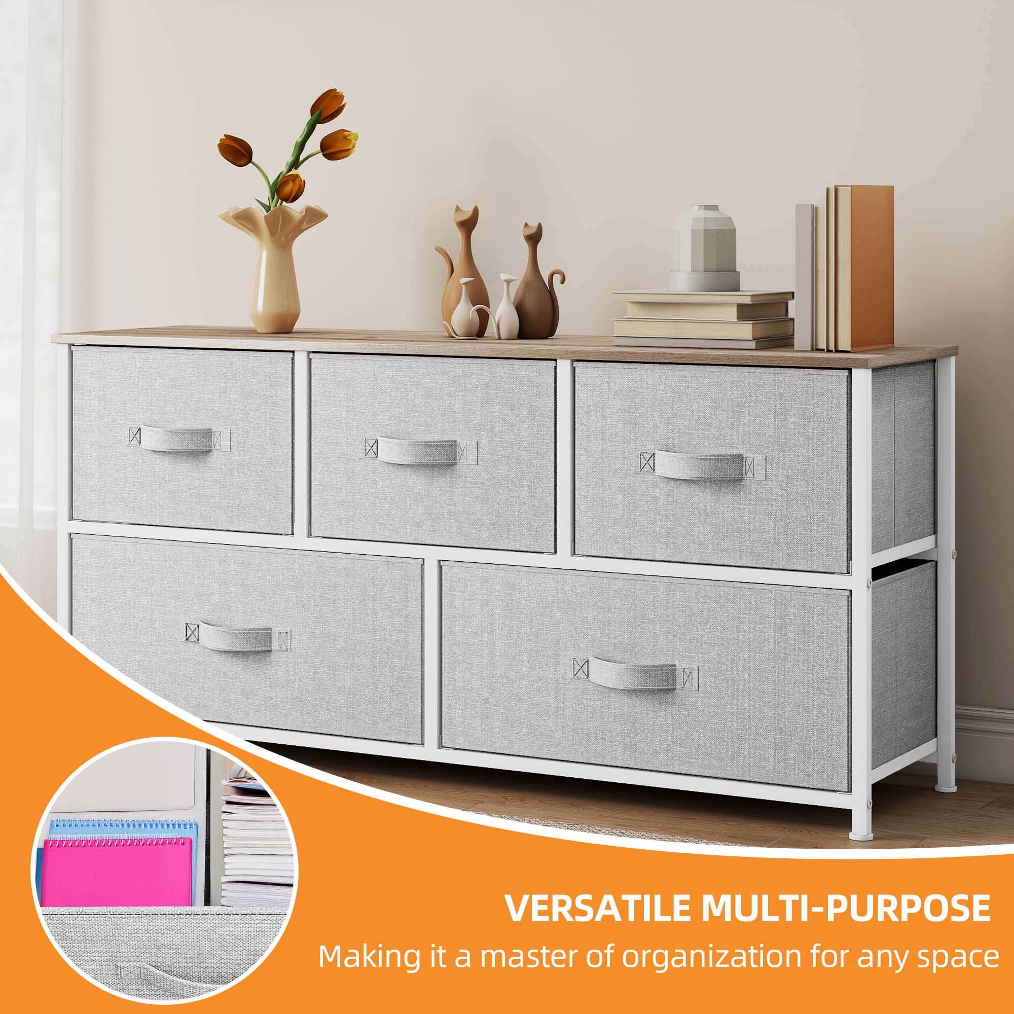 Uforic Fabric Dresser TV Stand with 5 Drawers, Wide Storage Tower Chest for and Closet Light Grey
