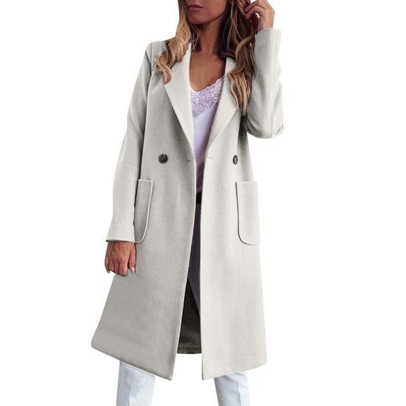 Baberdicy Woolen Coat Autumn and Winter Long Candy Color Lapel Pocket Woolen Coat Women's Wool & Blends Grey