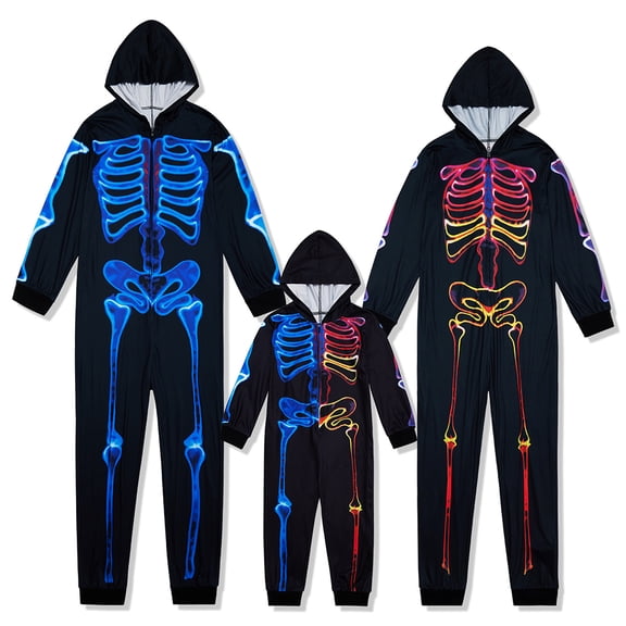 Usaibhir Family Matching Halloween Onesie Costume Colorful Skeleton Printed Outfit Hooded Zippered Clothes Set Jumpsuit