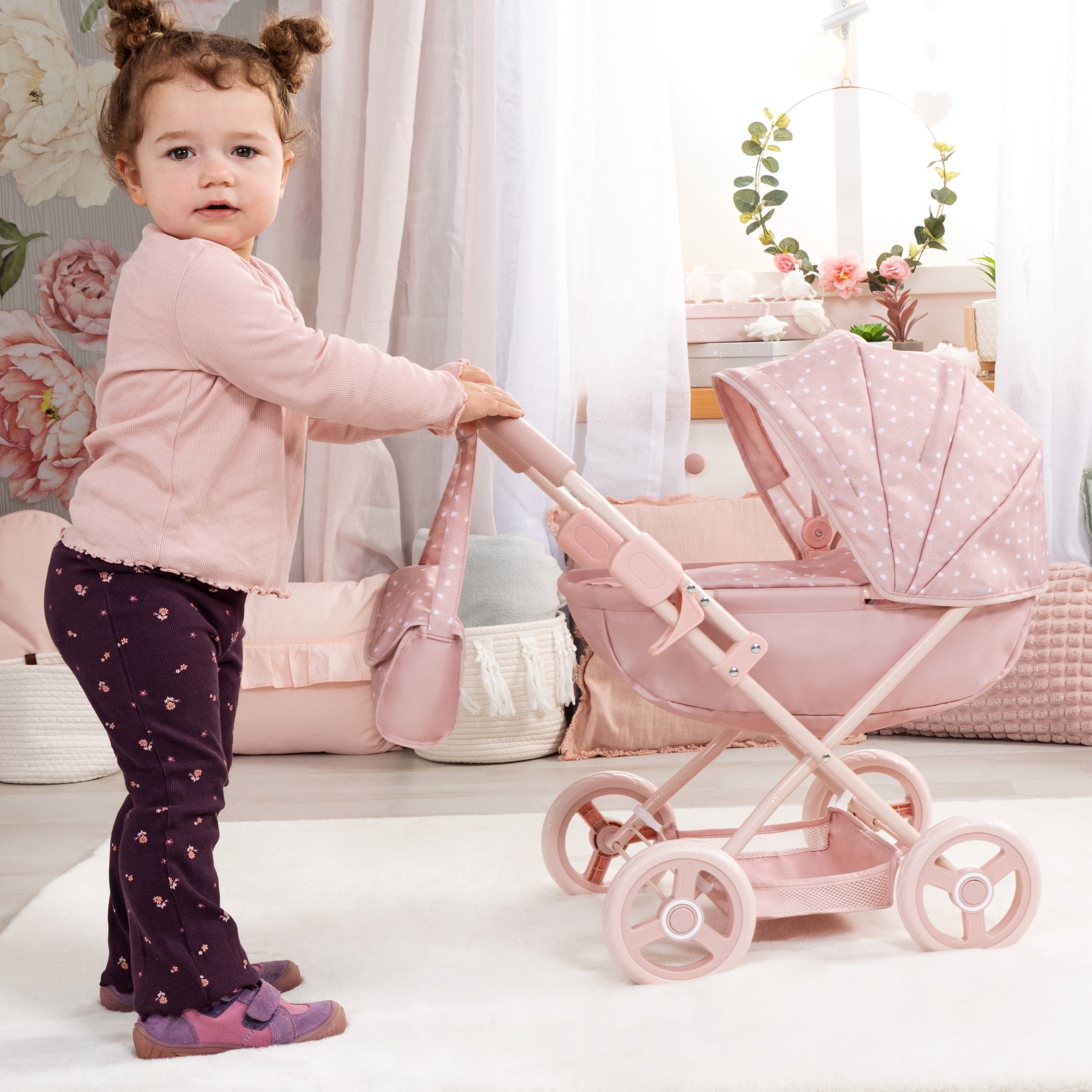 Bayer Design: Doll Pram Cosy - Soft Pink & Polka Dot - Play Push Stroller, Handbag, Blanket & Pillow, Folding, Toy Accessory Fits 18" Dolls, Kids 3+