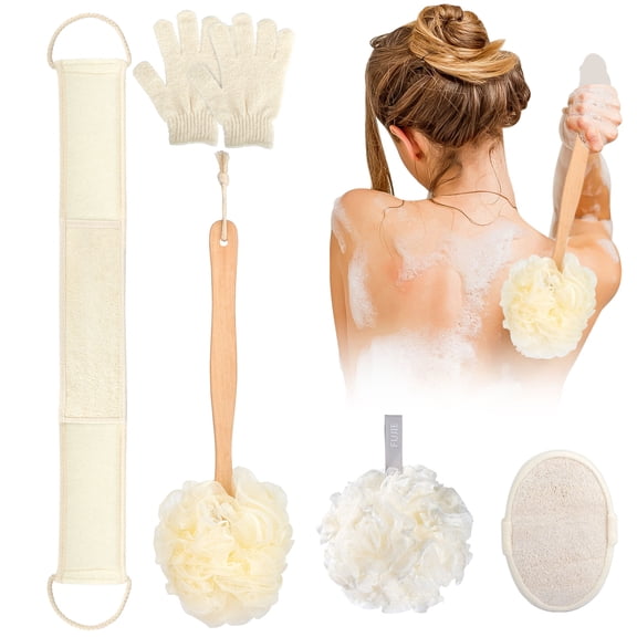 EEEkit 5Pcs Body Shower Cleaning Kit - Bath Pouf   Long Handle Brush   Loofah Sponge   Back Scrubber   Bath Gloves