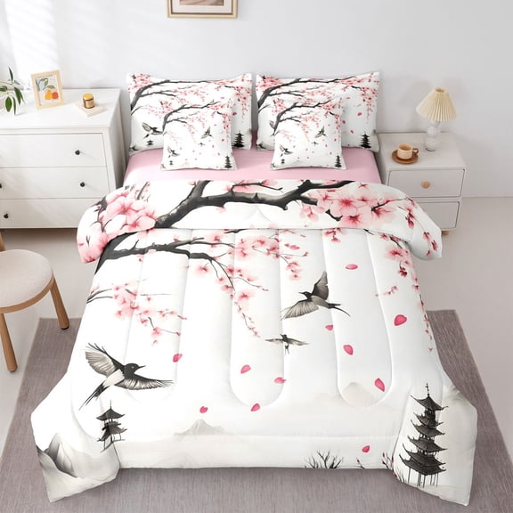 Homewish Japanese Ink Landscape 7-Piece Twin Bedding,Cherry Blossom Floral Bedding Comforter Set,Pink Reversible