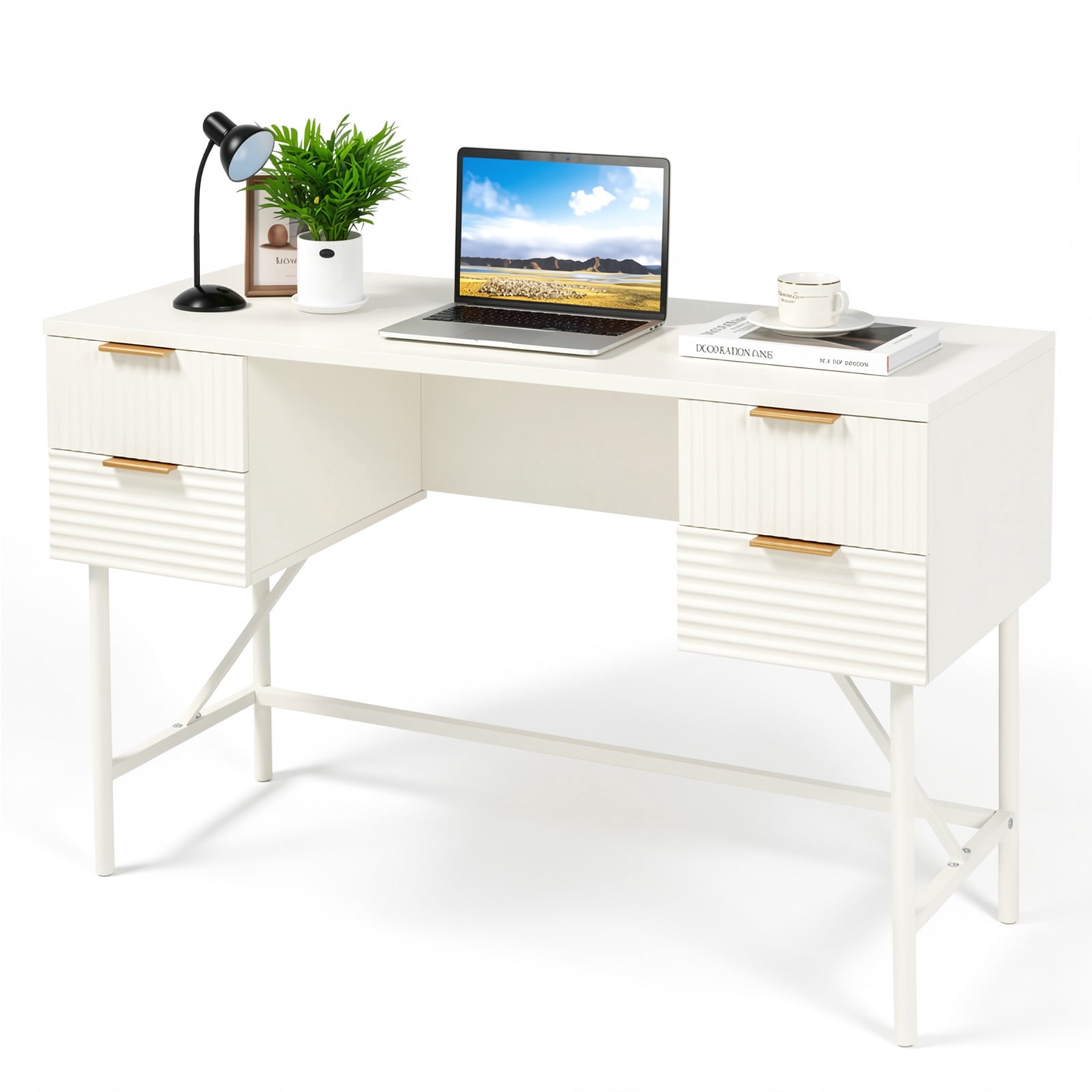 Furnibear 48 Inch Home Office Computer Desk with 4 Storage Drawers Powder-Coated Metal Frame Engineered Wood Top White