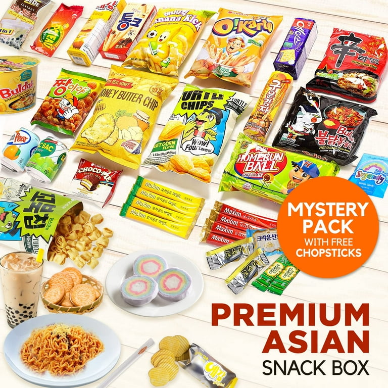 K-Munchies Asian Snacks Box - Asian Snacks Variety Pack with Candy, Chips,  Ramen, Cookies and Other Instant Food Assortment - Mystery Snack Box Treats  for Family - With Free Chopsticks 