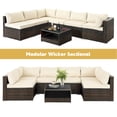 thumbnail image 4 of 7 Piece Patio Wicker Sofa Set, Outdoor Conversation Furniture Set with 4 Seats, 2 Corner Seats, 1 Glass Table, and Light Beige Cushions, Cushioned Sectional Chairs Set for Deck, Backyard, Poolside, 4 of 10