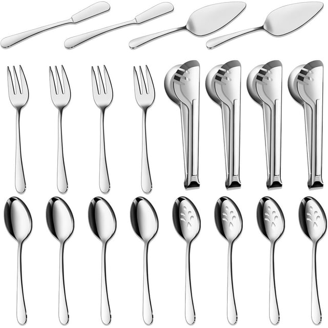BEWOS Serving Utensils, 20-Piece Large Serving Set, Serving Spoons, Slotted Spoons, Serving Tongs & Forks, Cake Server, Butter Knife, Stainless Steel Serving Utensils Set for Parties, Dishwasher Safe