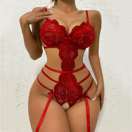 

ELFINDEA Lingerie for Women Ladies Erotic Strap Lace Hollow Set without Steel Rings Wine M