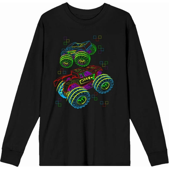 Neon Monster Trucks Adult Black Crew Neck Long Sleee Tee-Medium