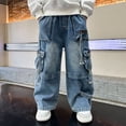 thumbnail image 2 of NIEWTR Kids Baggy Jeans Straight Wide Leg Cargo Jeans Casual Elastic Waist Loose Fit Denim Pants Y2K Streetwear with Pockets（A01-Blue,11-12 Years), 2 of 9
