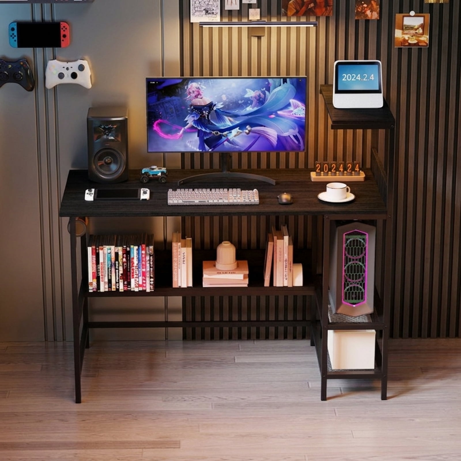 Furnibear 48 Inch Computer Desk with Power Outlets and Storage Shelves, Home Office Writing Desk with USB Type-C Ports and Mesh Shelves, Black