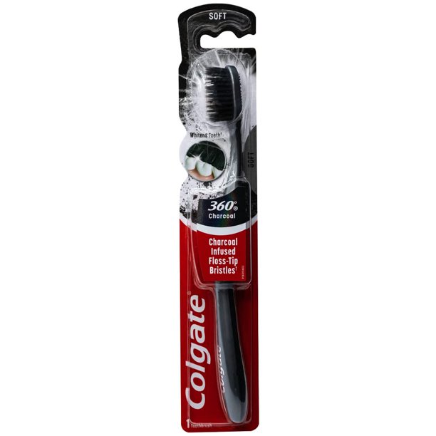 Colgate 360 Charcoal Infused Toothbrush, FlossTip Bristles, Soft