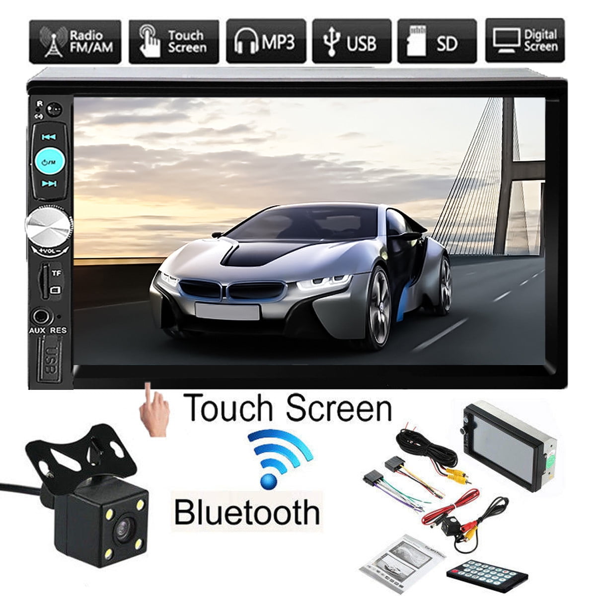 2DIN 7" HD Car MP5 Player FM Bluetooth Touch Screen Stereo Radio+Rearview Camera 