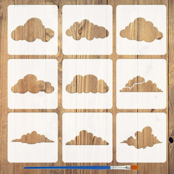 9 PCS Clouds Stencils with Brush 5.9x5.9inch 9 Styles Clouds Pattern Drawing Stencil Nature Theme Template for Painting on Wall Wood Canvas Fabric Furniture DIY Home Decoration
