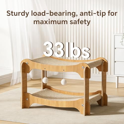Double-Decker Cat Bed, 2-Tier Wooden Pet Cats Scratcher Lounge with Hanging Ball Toys, Natural Sisal Hammock Bed for Indoor