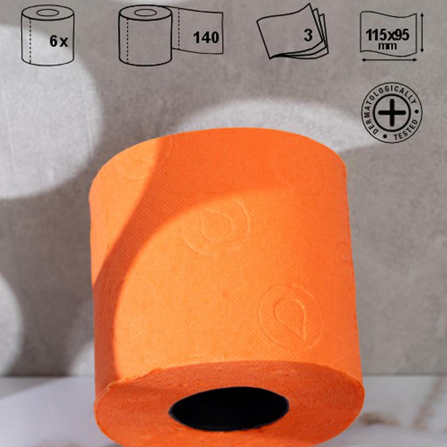 Orange Toilet Paper 3-Ply - Pack of 6 Rolls, 140 Sheets Each - Eco-Label Certified, Dermatologically Tested, Septic Safe, Sustainable & Soft