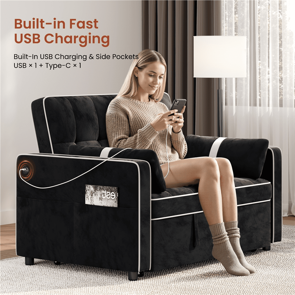 Renwick Convertible Sleeper Sofa Bed 3-in-1 Pull Out Couch Velvet Loveseat Couch with Adjustable Backrest, USB Ports, Side Pockets and Pillows for Living Room Bedroom, Black