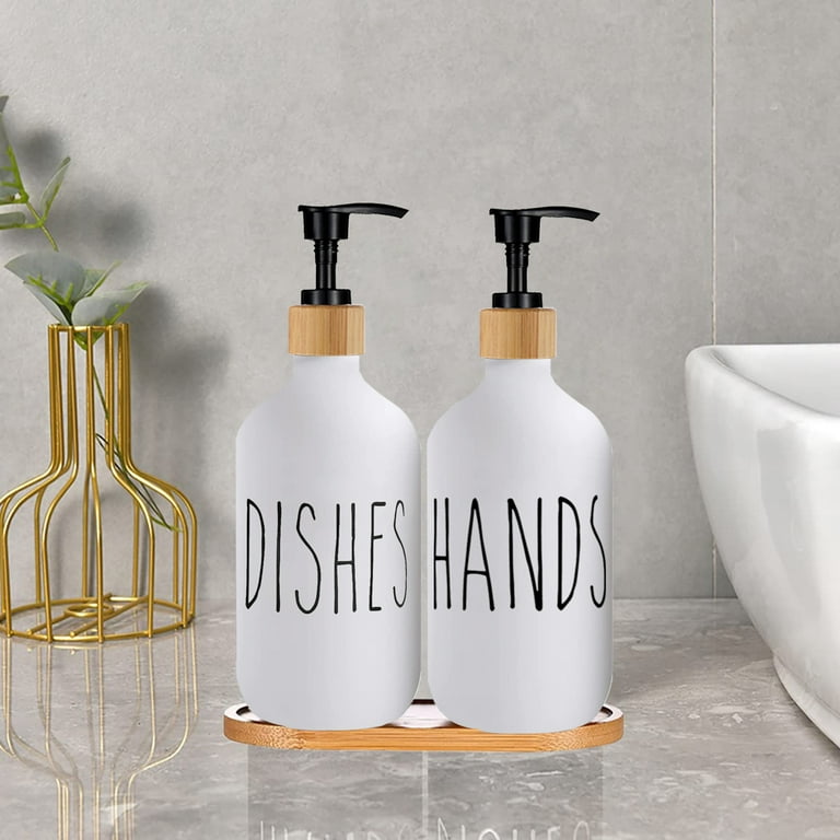  MIERTING White Soap Dispenser, 2 Pack Bathroom Hand Soap and  Lotion Dispenser Set with Bamboo Pump, 16 Oz Plastic Hand and Dish Soap  Dispensers Set for Kitchen, Refillable Liquid Soap Bottles 