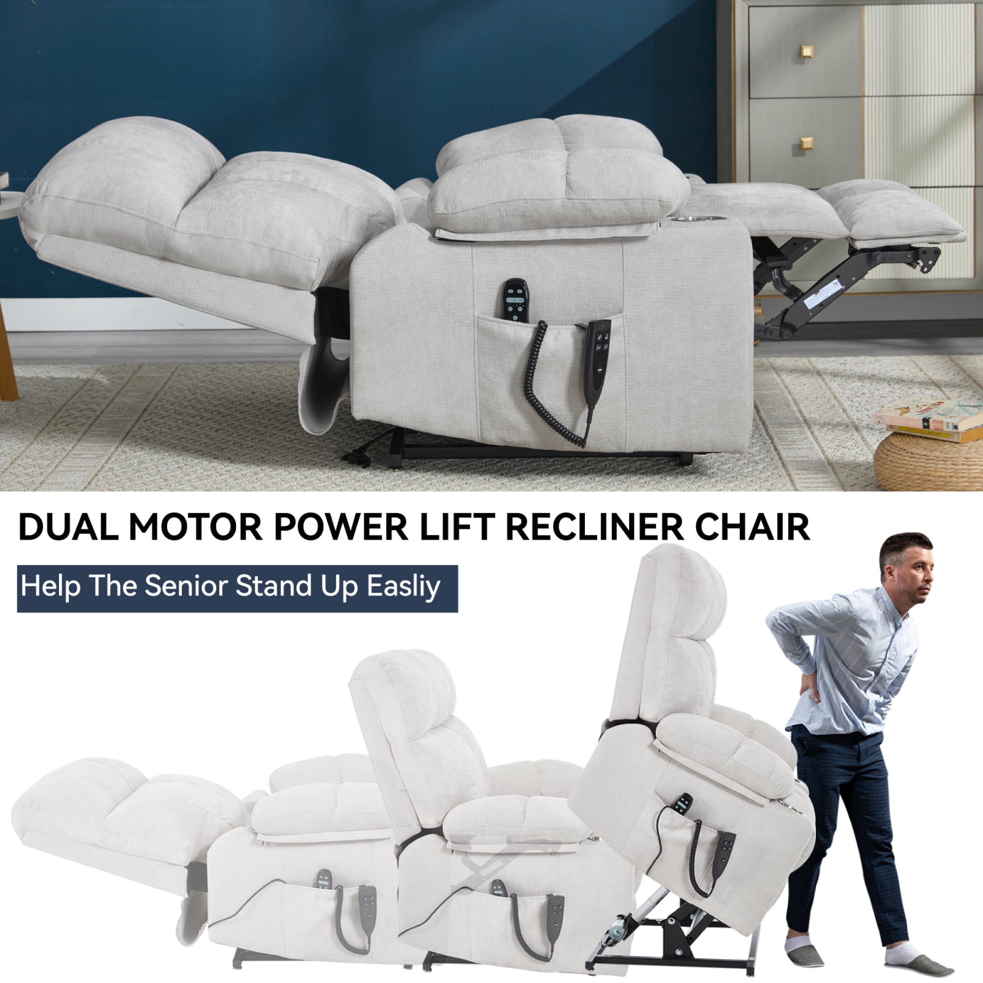 Leumius Power Lift Recliner Chair for Elderly,Heavy Duty Recliner with 8-Point Vibration Massage and Lumbar Heating,Infinite Position,Up to 350 LBS,Beige