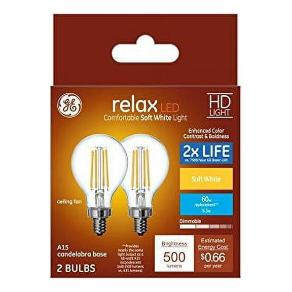 GE Relax 2-Pack 60 W Equivalent Dimmable Soft White A15 LED Light Fixture Light Bulbs Candelabra