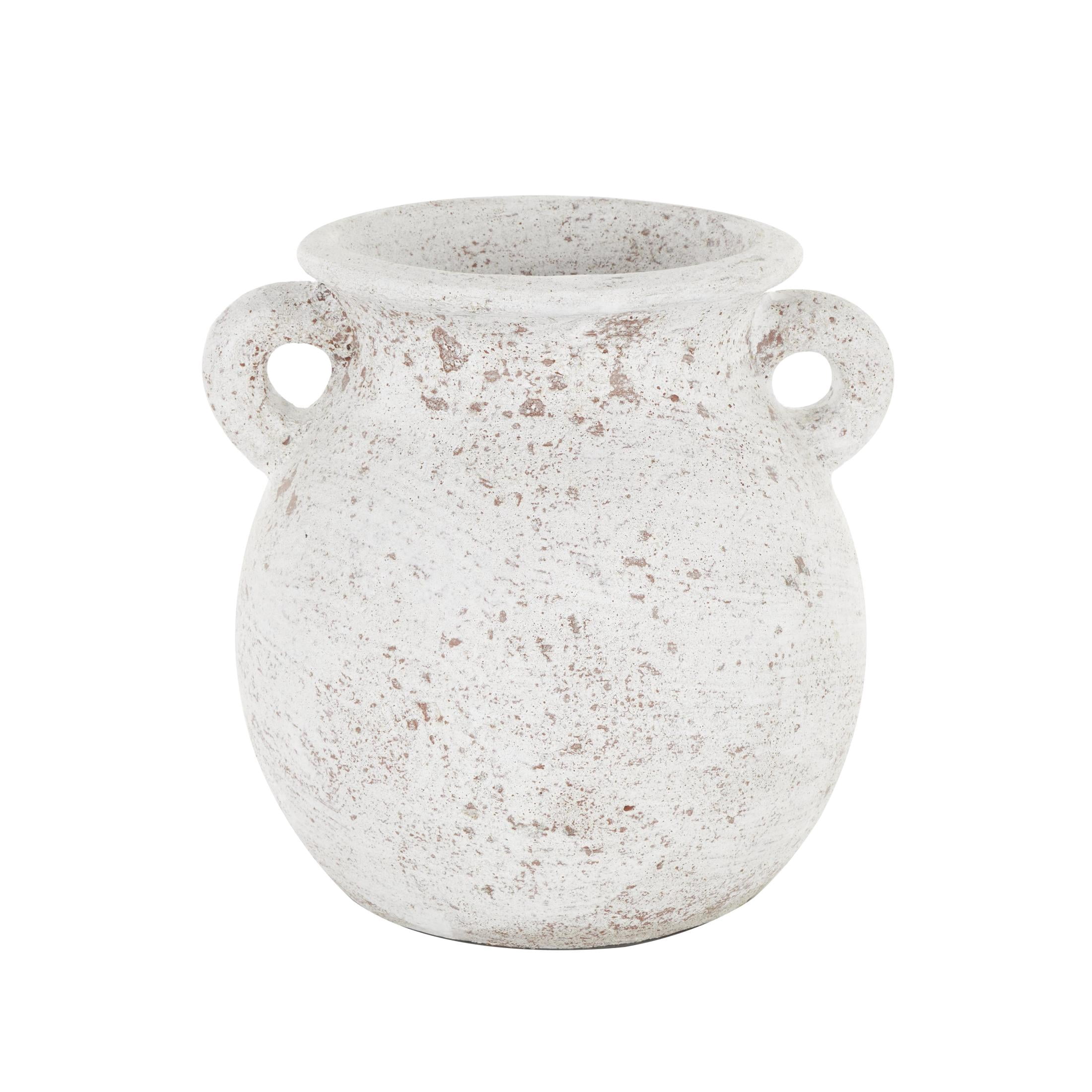 DecMode 10" Antique Style Textured Pot Cream Ceramic Vase with Handles