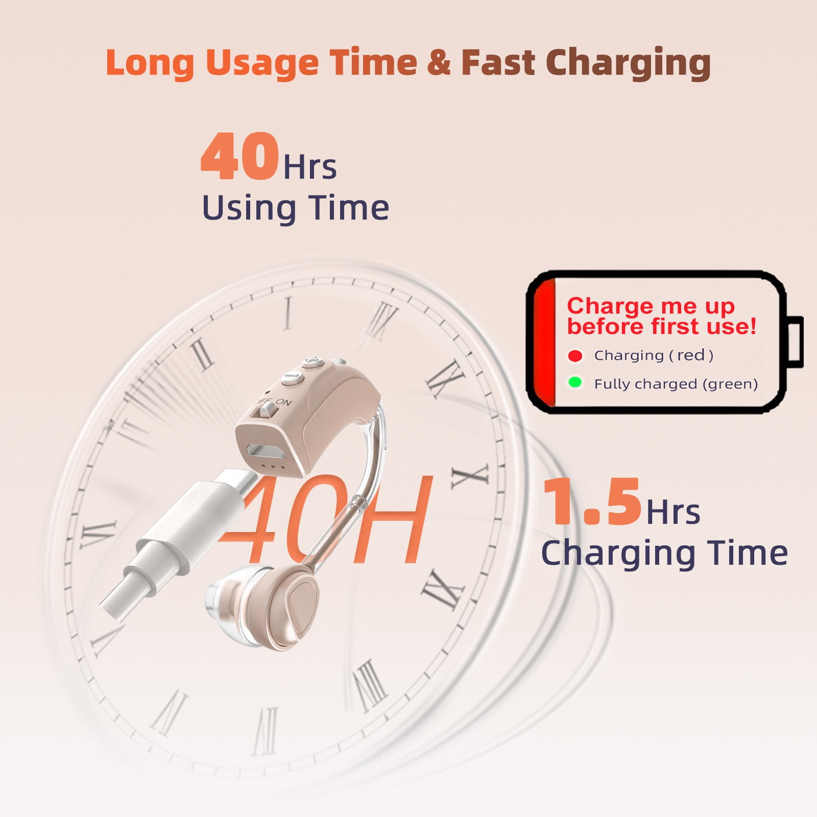 HIBRIQ Digital Hearing Aid for Seniors, Rechargeable, Multi-Level Volume Control, 16-Channel, 4-Mode, Single, Beige