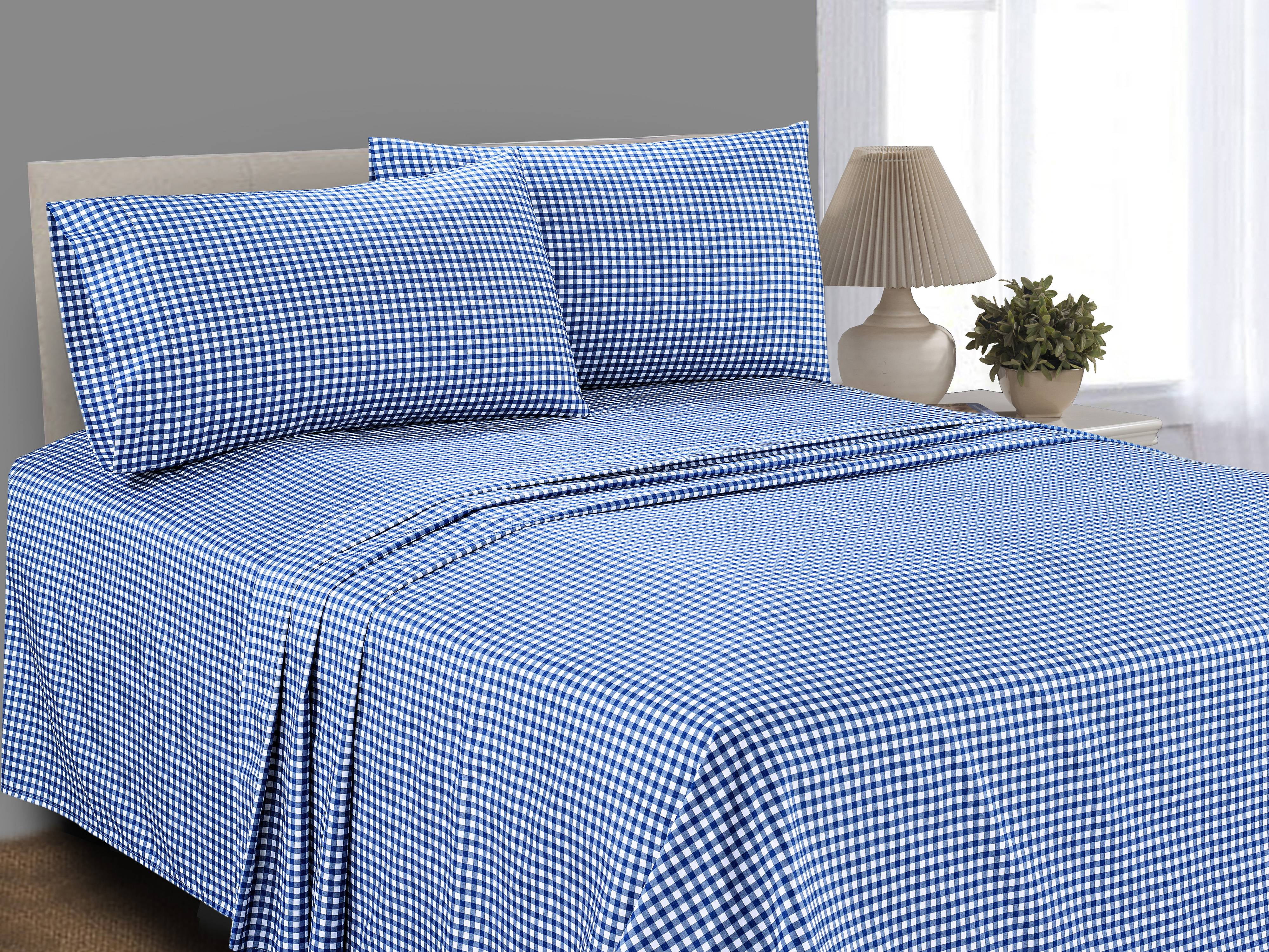 Mainstays Soft Wrinkle Resistant Microfiber Twin/Twin XL Stadium Blue Gingham Plaid Sheet Set