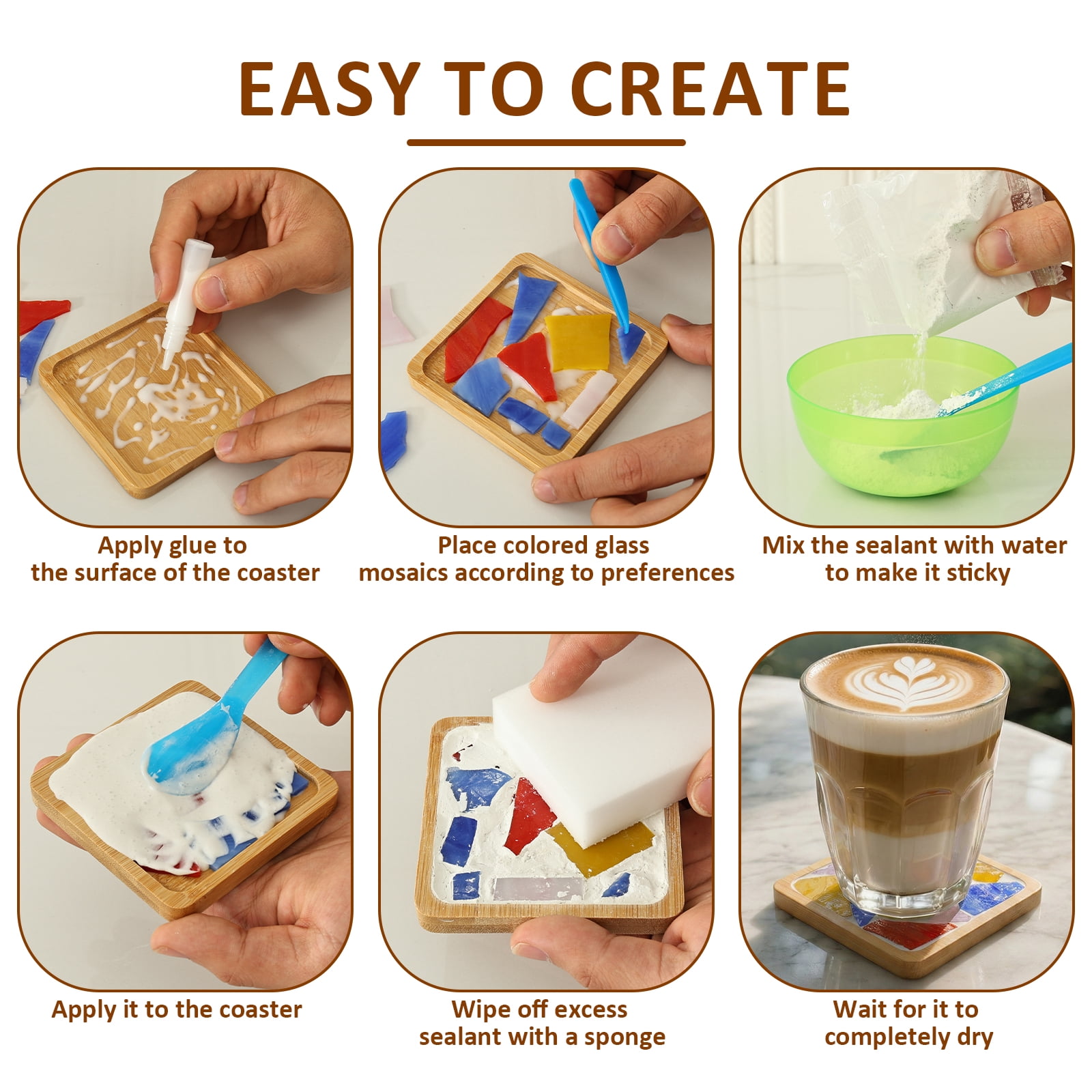Xdziklosj 4 Pcs DIY Mosaic Kit for Adult Glass Tile for Craft with Bamboo Cup Pad for Women Mixed Color Mosaic Art Craft Cup Mat Project Handmade Making Kit Set for Home Decor Present