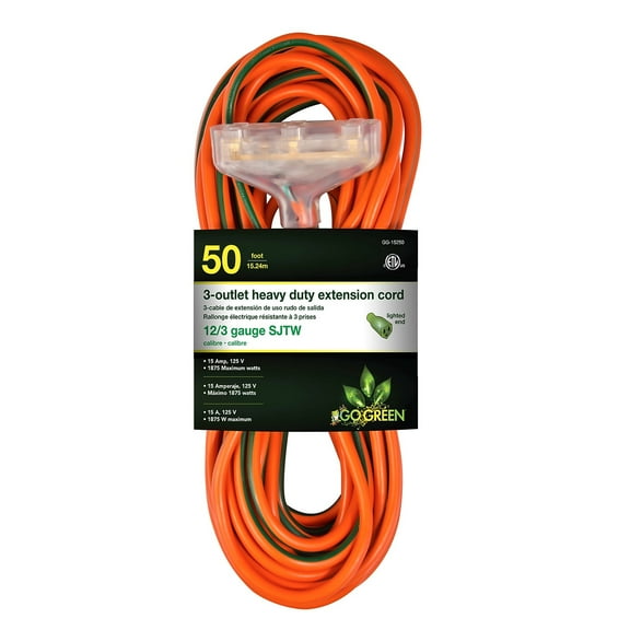GoGreen Power (GG-15250) 12/3 50’ SJTW 3-Outlet Heavy Duty Extension Cord, Lighted End, 50 ft