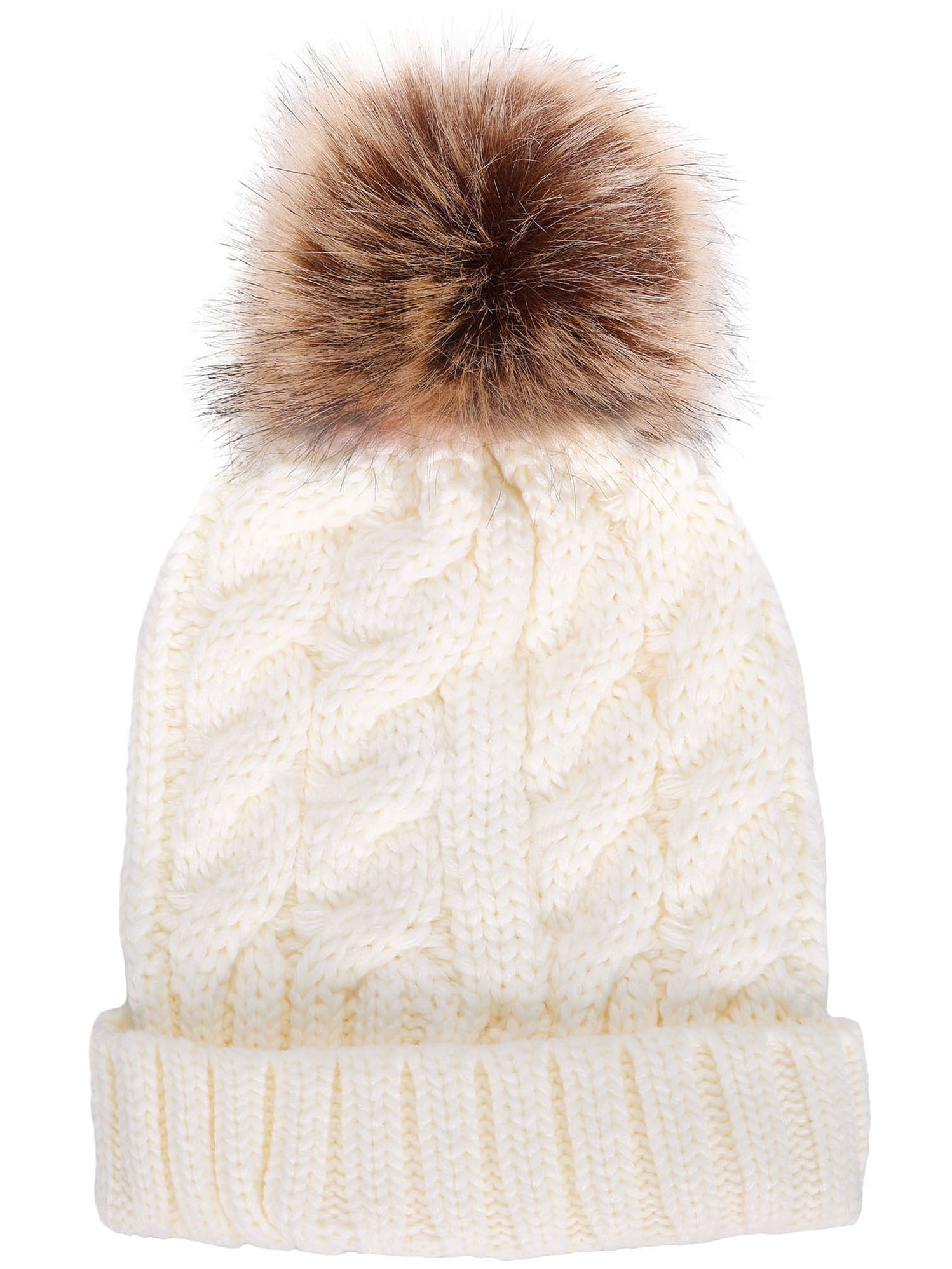 Simplicity Men / Women's Winter Hand Knit Faux Fur Pompoms Beanie Hat White