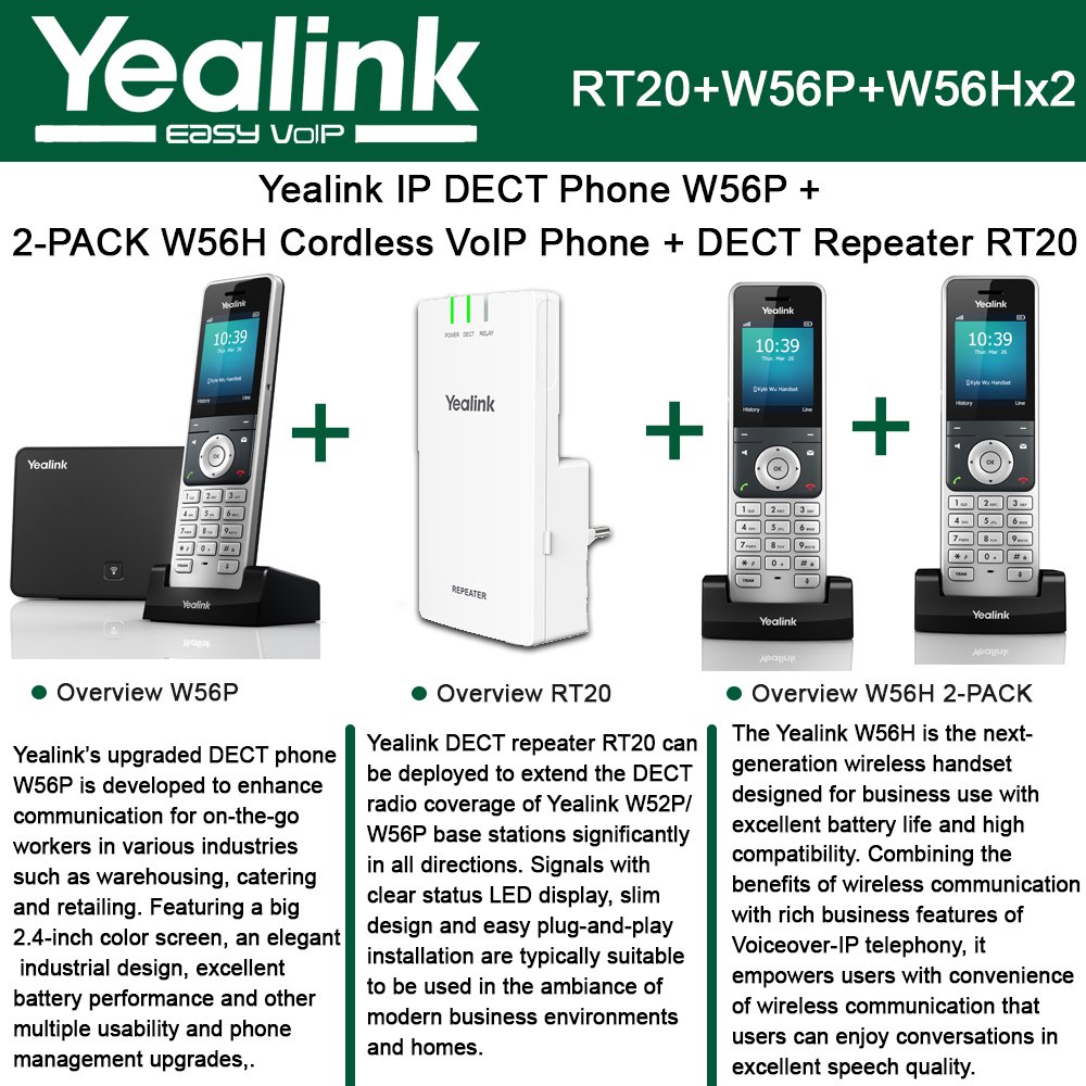 Yealink W56P IP DECT Phone + 2PACK W56H Cordless VoIP Phone + DECT