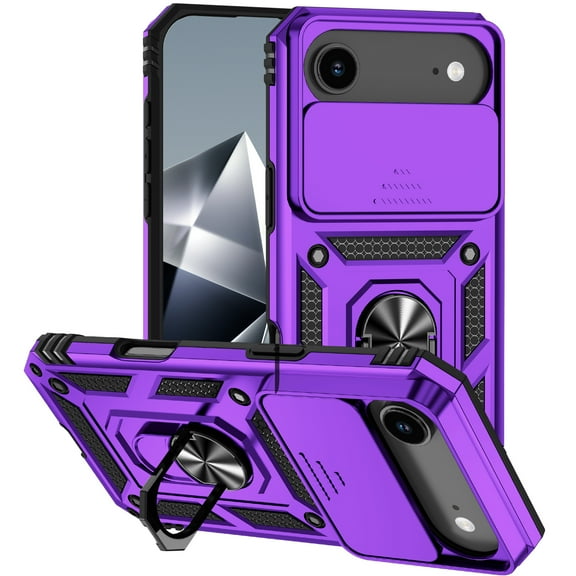 ELEHOLD Rugged Case for iPhone 17 Air Heavy Duty Case with Slide Camera Lens Cover 360° Rotation Ring Holder Kickstand Magnetic Shockproof Protective Case for iPhone 17 Air,Purple