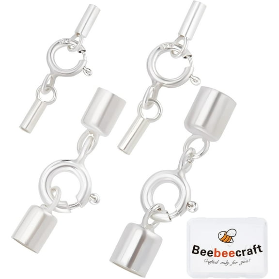 4 Sets 4 Size 925 Sterling Silver Cord End Caps Glue-in Crimp End Cap with Spring Lobster Clasp for Leather Cord Bracelets Necklaces DIY Making DIY