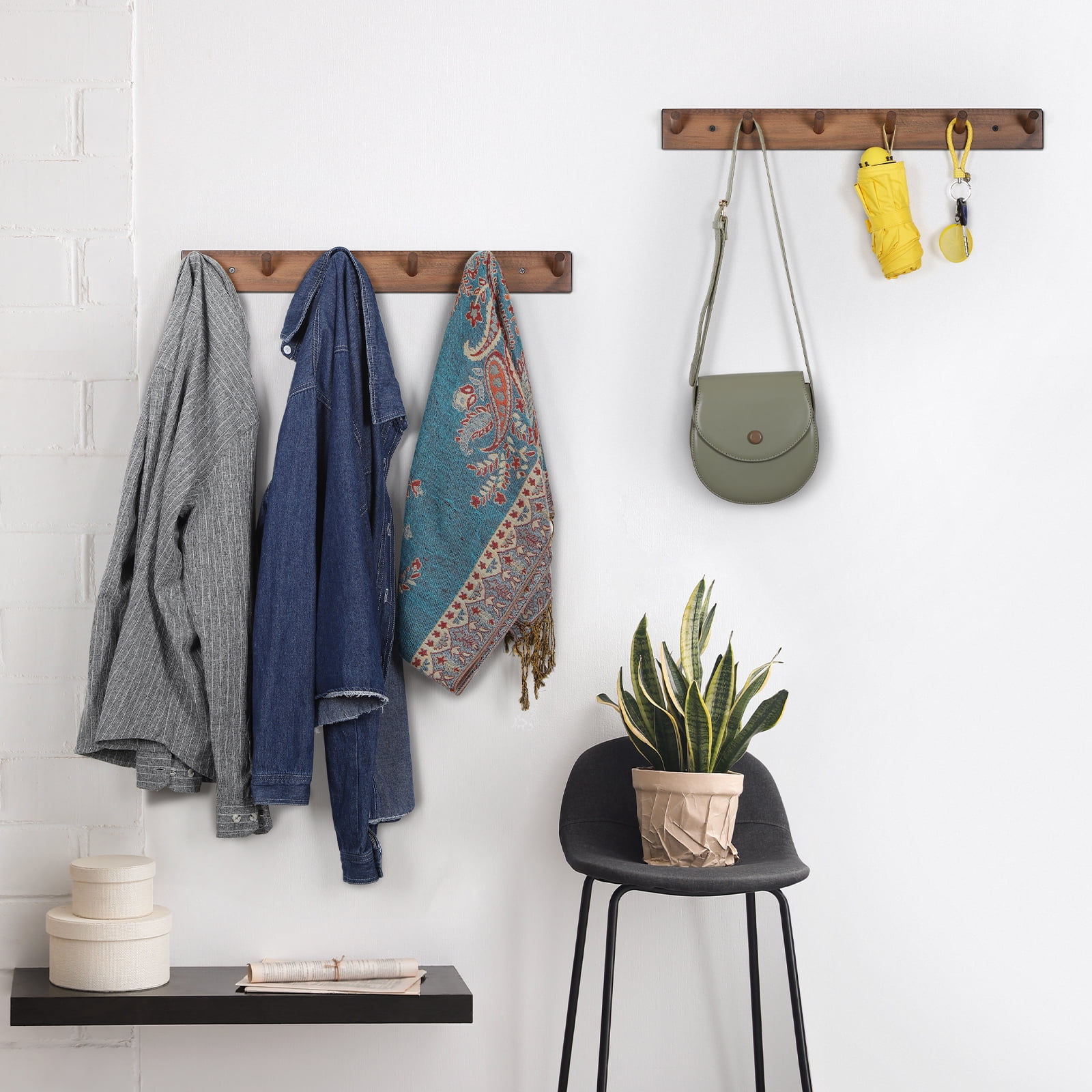 Wall Mounted Wood Coat and Hat Rack, 6 Hooks, Dark Brown