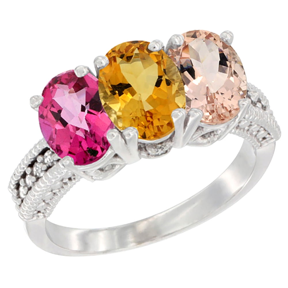 10K White Gold Natural Pink Topaz, Citrine & Morganite Ring 3-Stone Oval 7x5 mm Diamond Accent, sizes 5 10 by WorldJewels