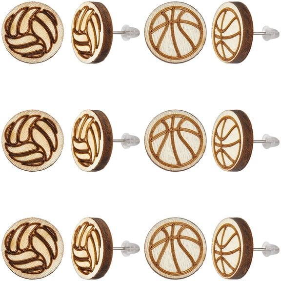 6Pairs 2 Styles Wood Stud Earrings Platinum Flat Round 14.5mm 6pairs/set DIY