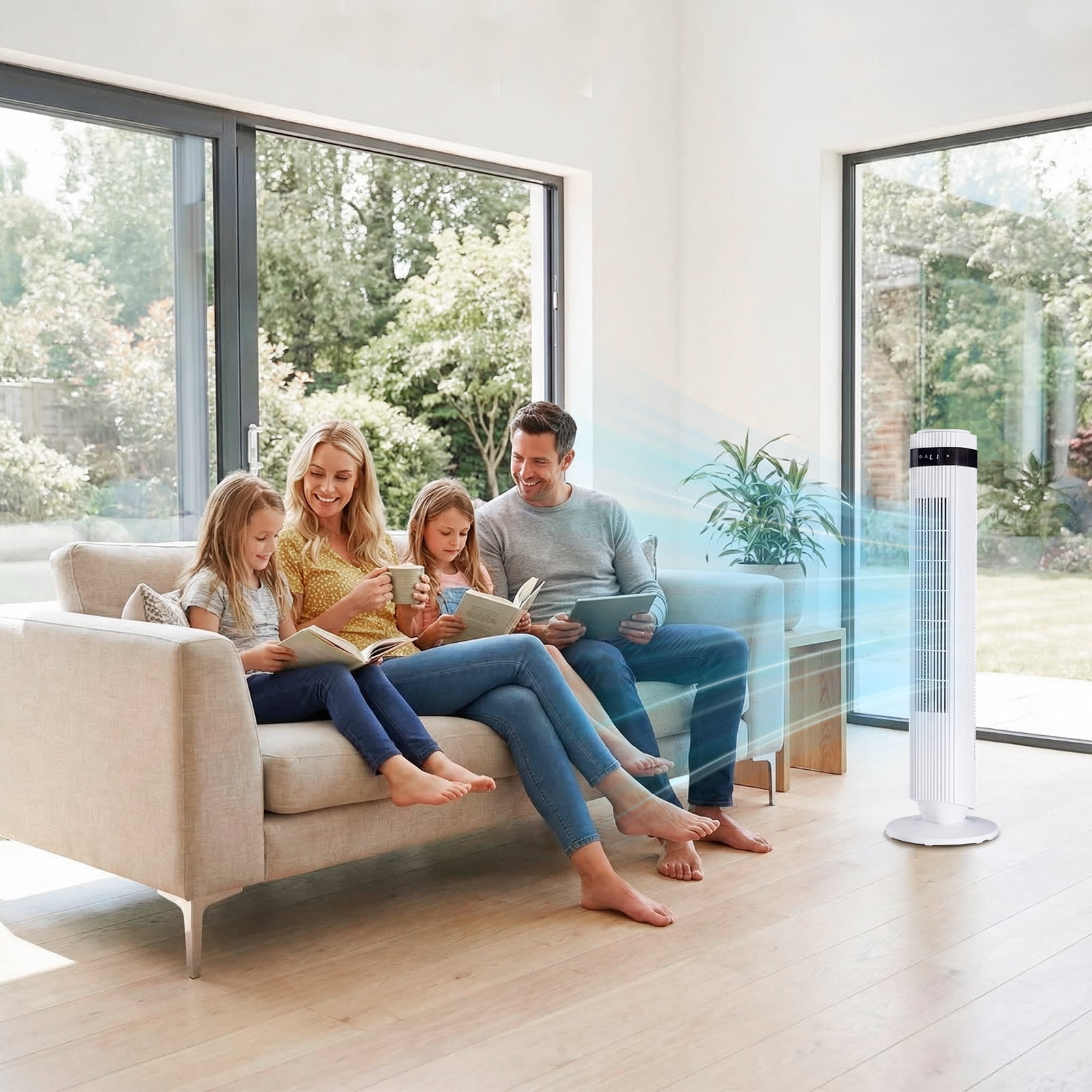 Tower Fan for Home, 64° swivel Standing Floor Fan with Remote, Bladeless Fan Cold Air Quiet, 5 Speeds, 4 Modes, LED Display, White