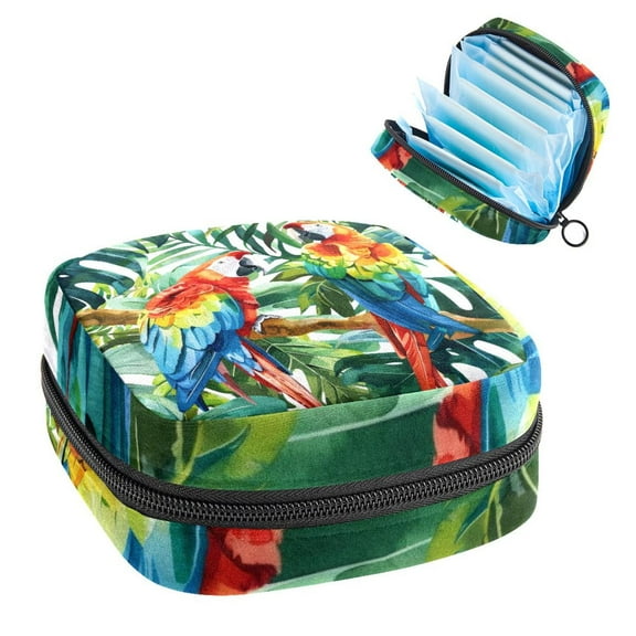 Parrot Tropical Plant Watercolor Green Leaf Sanitary Napkin Storage Bag, Zipper Menstrual Cup Pouch Feminine Menstruation First Period Pads Holder for Girls Women Ladies