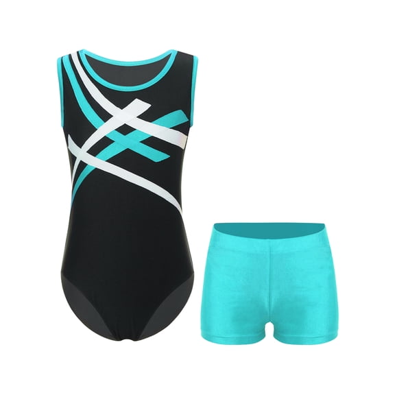 Ocealan Gymnastics Leotards for Girls Dance Sports Activewear Unitard Biketard with Shorts Set Ballet Blue Green 14