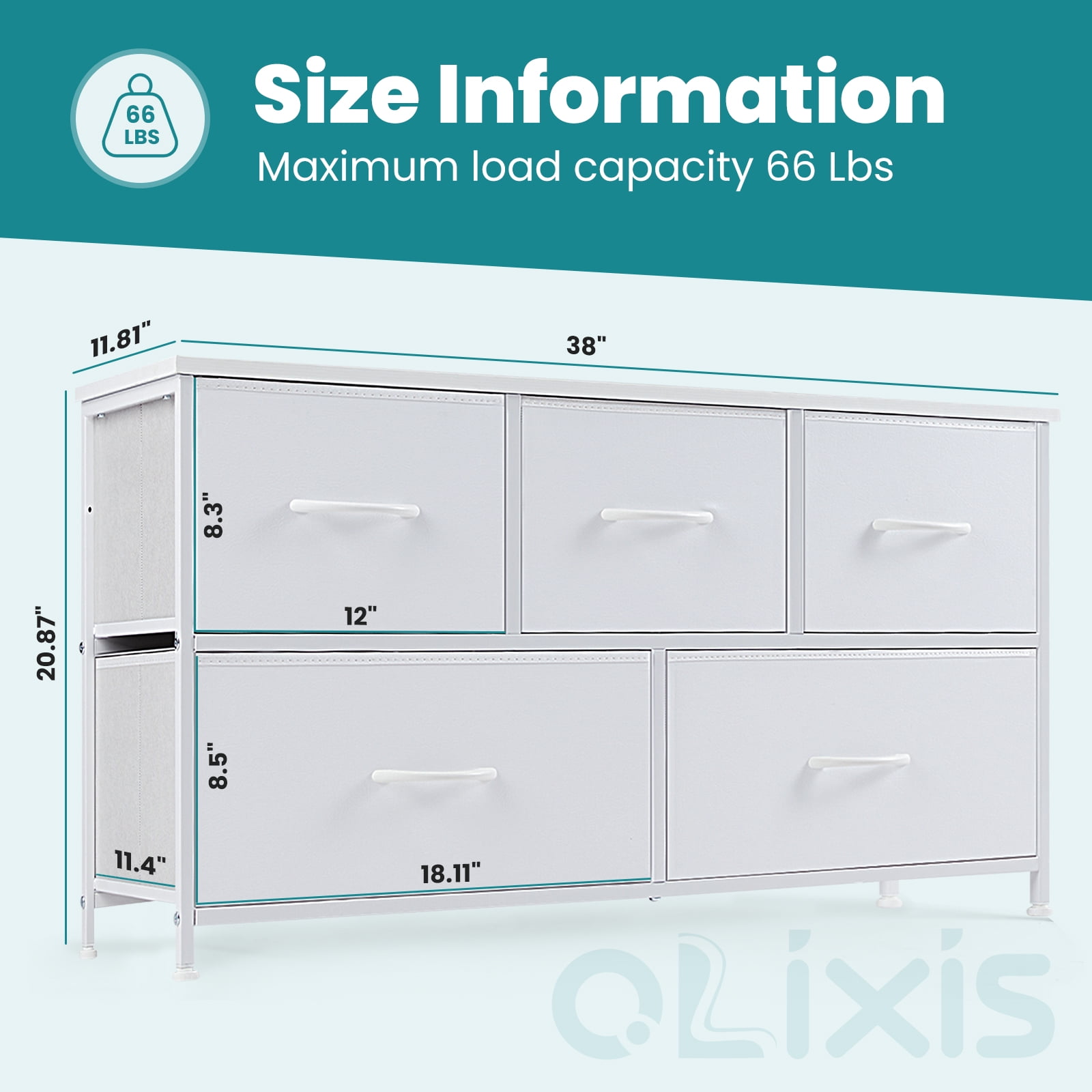 edx 5 Drawer Fabric Dresser for Bedroom, Chest of Drawer Organizer Storage Cabinet for Closet, Entryway, White