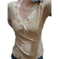 thumbnail image 2 of Liacowi Women Vintage Lace Patchwork Short Sleeve Tops V-Neck Tee Shirts Fairy Aesthetic Streetwear, 2 of 8