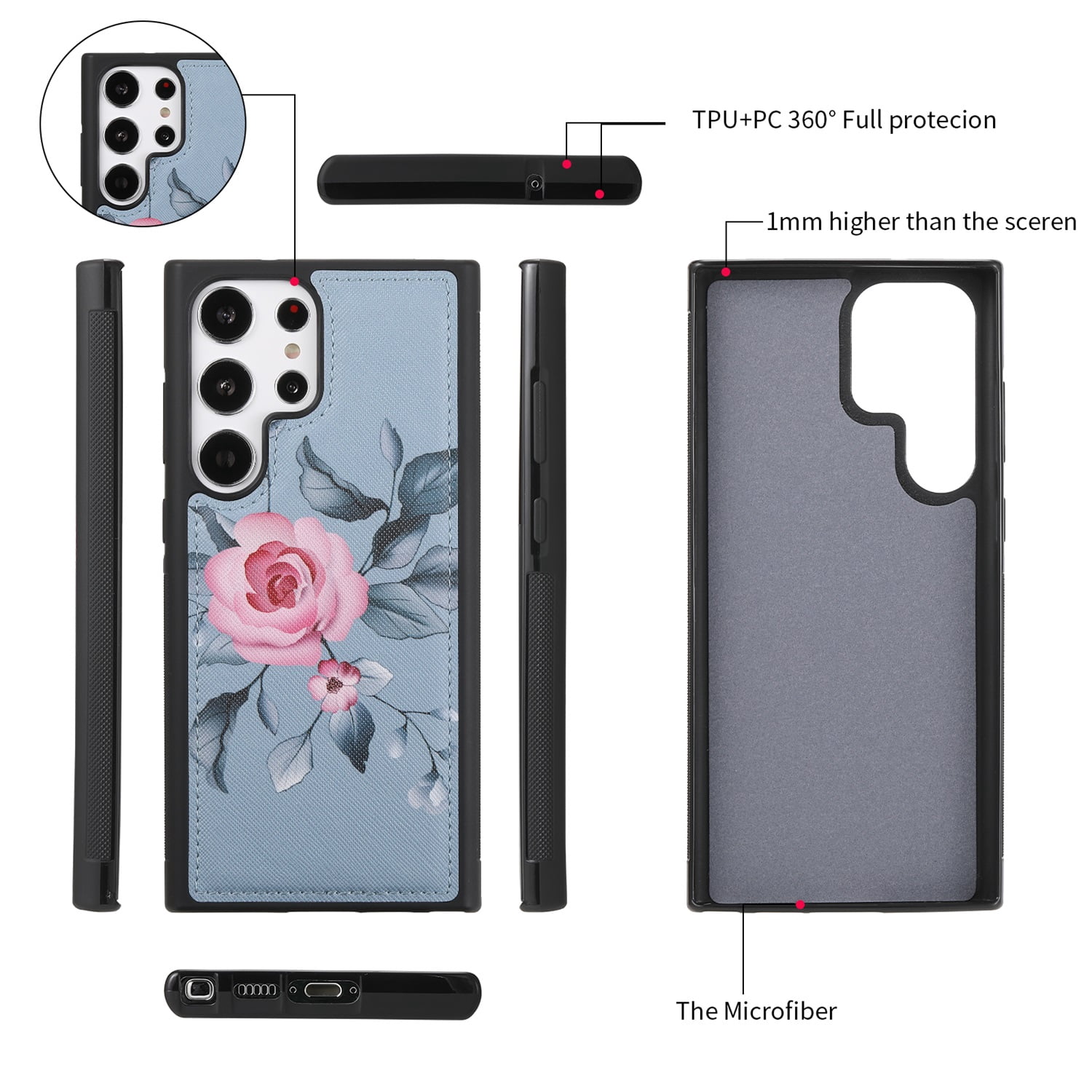 SaniMore Magnetic Detachable Wallet Case for Samsung Galaxy S22 Ultra, Flower Pattern RFID Blocking Cover Support Wireless Charging Card Slot Shoulder & Wrist Strap 360° Full Protective Shell, Grey
