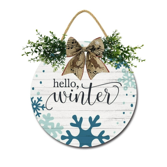 Hello Winter Door Sign Home Decor Round Wood Wreaths Wall Hanging Sign Farmhouse Porch Sign Front Door Decoration for Housewarming Gift All Seasons Holiday,11In